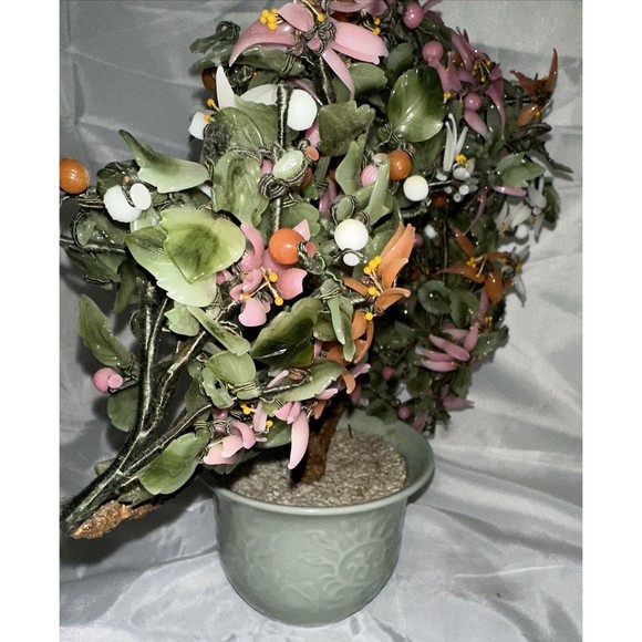Vintage Chinese Jade Quartz Stone Glass Bonsai Tree Pink  Slight damage See Pics - Picture 12 of 16